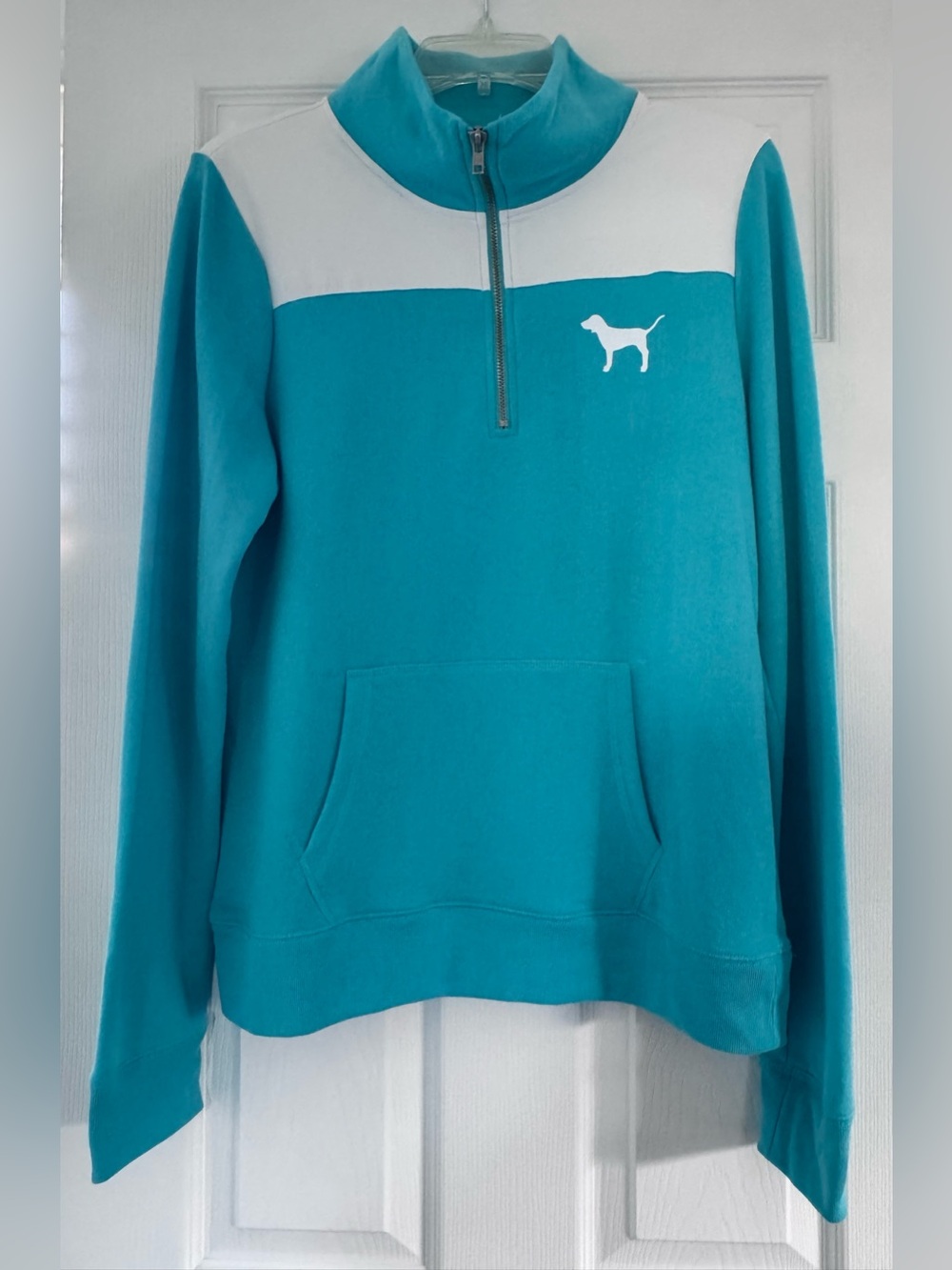 Victoria’s Secret PINK Quarter Zip Pullover in Teal & White SZ Medium